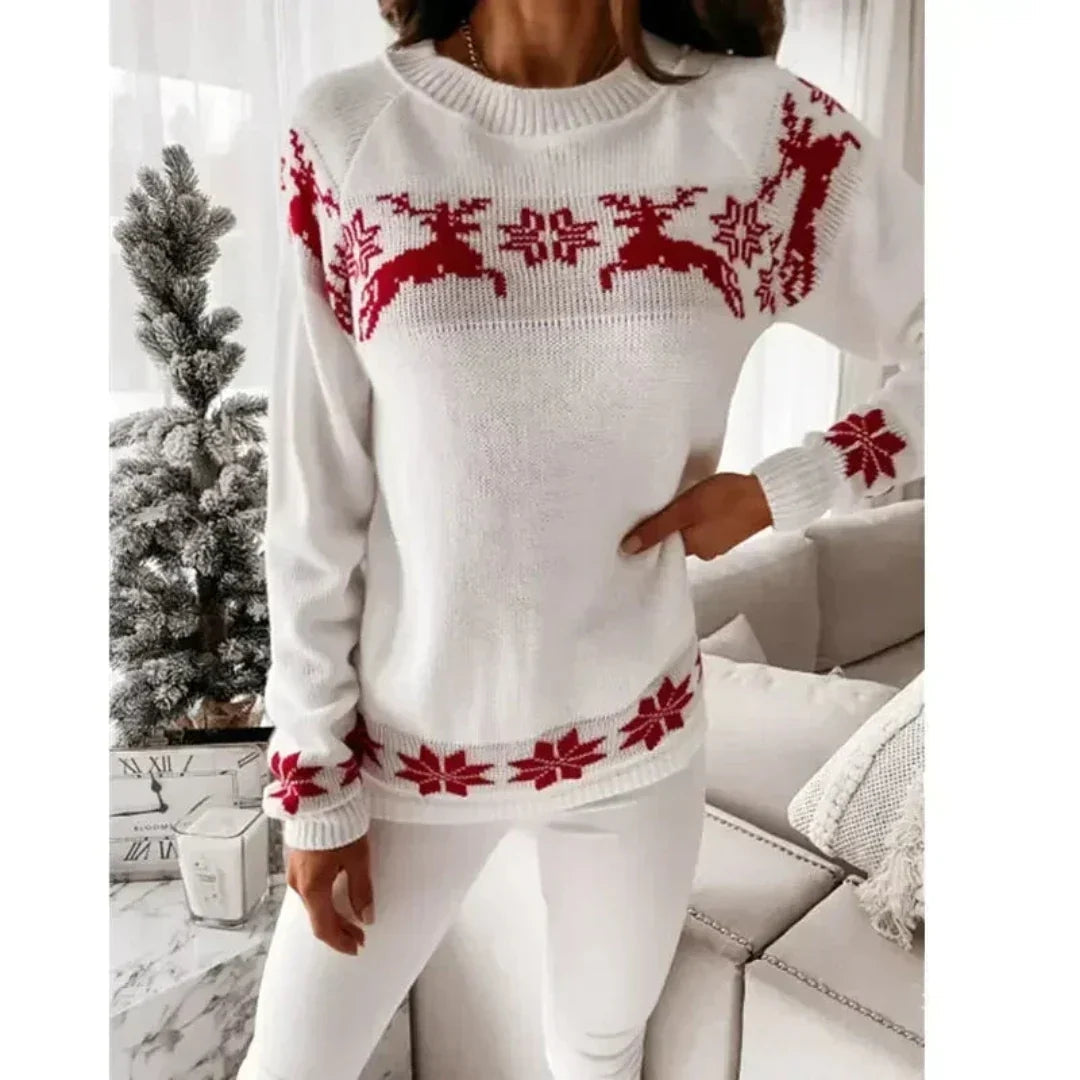 Women's Knitted Christmas Sweater with Reindeer Motif and Ribbed Cuffs