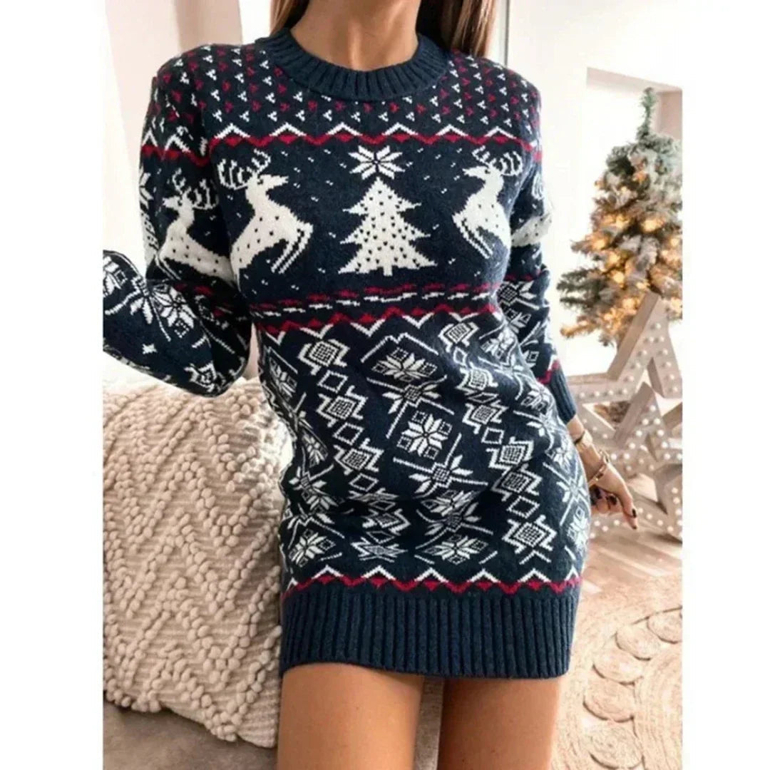 Women's Knitted Christmas Winter Sweater Dress with Ribbed Cuffs
