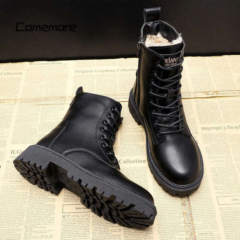 Women's Lined Leather Autumn Winter Ankle Boots with Chunky Treaded Sole