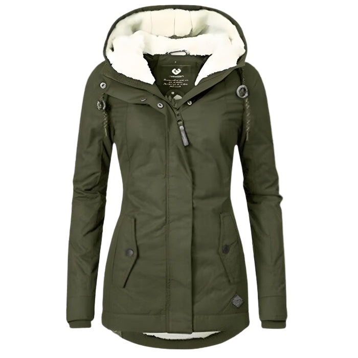Manteau Océane long imperméable pour femme, coupe enveloppante et chaleur maintenue adaptée aux journées pluvieuses hivernales.
