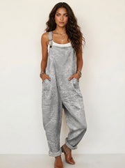Women's Loose Linen Floral Overalls with Adjustable Straps and Pockets