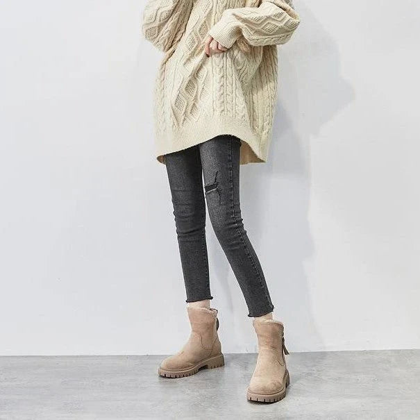 Women's Non-Slip Suede Winter Ankle Boots with Plush Lining and Side Zip