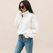 Oversized Chunky Knit Turtleneck Winter Sweater with Ribbed Cuffs for Women