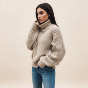 Oversized Chunky Knit Turtleneck Winter Sweater with Ribbed Cuffs for Women