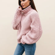 Oversized Chunky Knit Turtleneck Winter Sweater with Ribbed Cuffs for Women