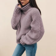 Oversized Chunky Knit Turtleneck Winter Sweater with Ribbed Cuffs for Women