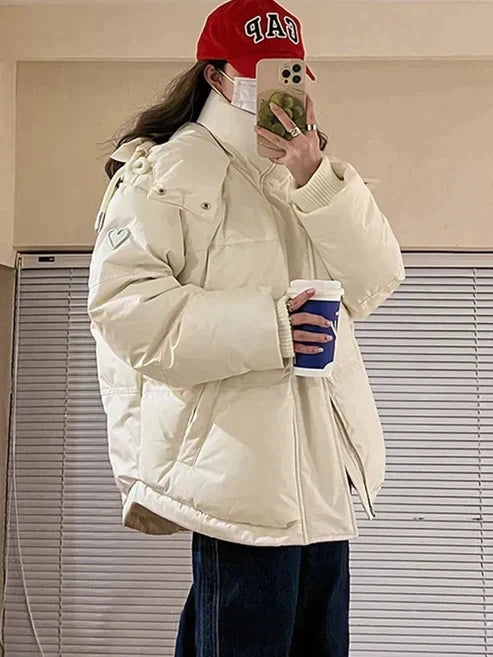 Women's Oversized Padded Winter Puffer Jacket with Hood and High Neck