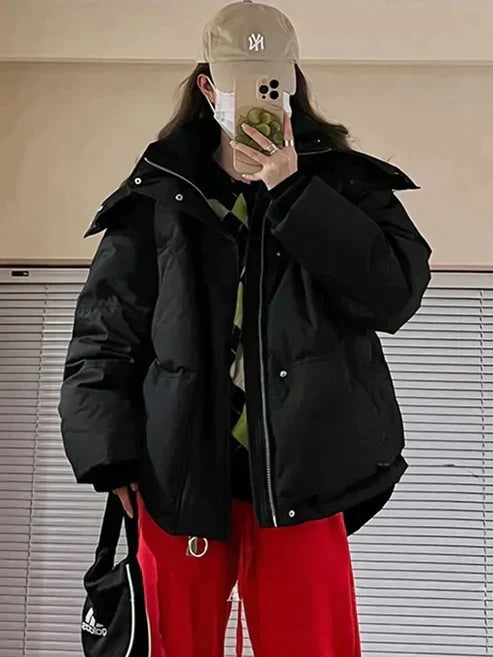 Women's Oversized Padded Winter Puffer Jacket with Hood and High Neck