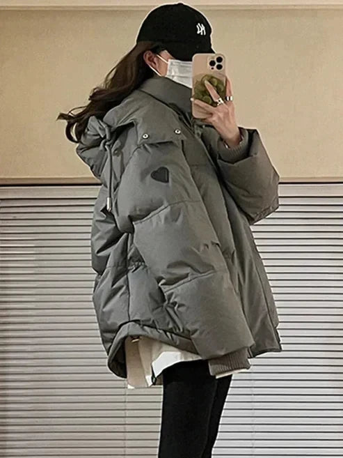 Women's Oversized Padded Winter Puffer Jacket with Hood and High Neck