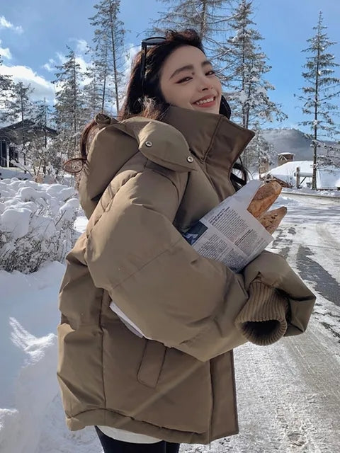 Women's Oversized Padded Winter Puffer Jacket with Hood and High Neck