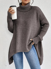 Women's Oversized Turtleneck Sweater with Ribbed Cuffs and High Collar