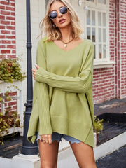 Women's Oversized V-Neck Sweater with Ribbed Sleeves and Side Slits