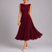 Women's Pleated Autumn Wedding Midi Dress with Cowl Neck and Ruched Waist
