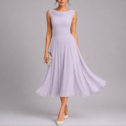 Women's Pleated Autumn Wedding Midi Dress with Cowl Neck and Ruched Waist