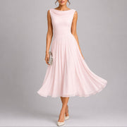 Women's Pleated Autumn Wedding Midi Dress with Cowl Neck and Ruched Waist