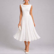 Women's Pleated Autumn Wedding Midi Dress with Cowl Neck and Ruched Waist