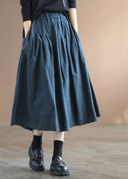 Women's Pleated Gingham Check Maxi Skirt with Elastic Waist and Side Pockets