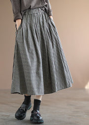 Women's Pleated Gingham Check Maxi Skirt with Elastic Waist and Side Pockets