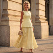 Women's Pleated Maxi Skirt Set with Sleeveless Peplum Top and Round Neck
