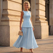 Women's Pleated Maxi Skirt Set with Sleeveless Peplum Top and Round Neck