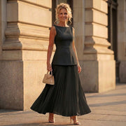 Women's Pleated Maxi Skirt Set with Sleeveless Peplum Top and Round Neck