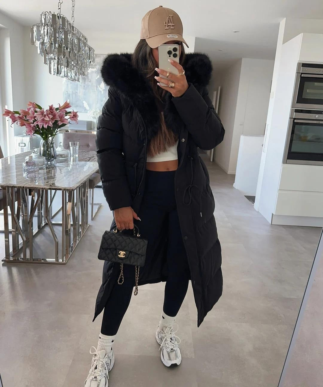 Women's Quilted Longline Winter Puffer Coat with Faux-Fur Hood