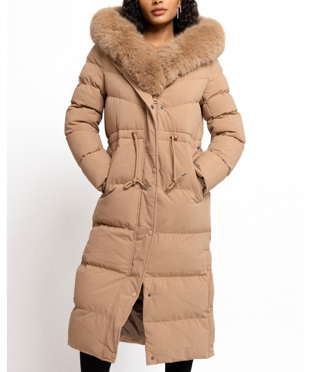 Women's Quilted Longline Winter Puffer Coat with Faux-Fur Hood