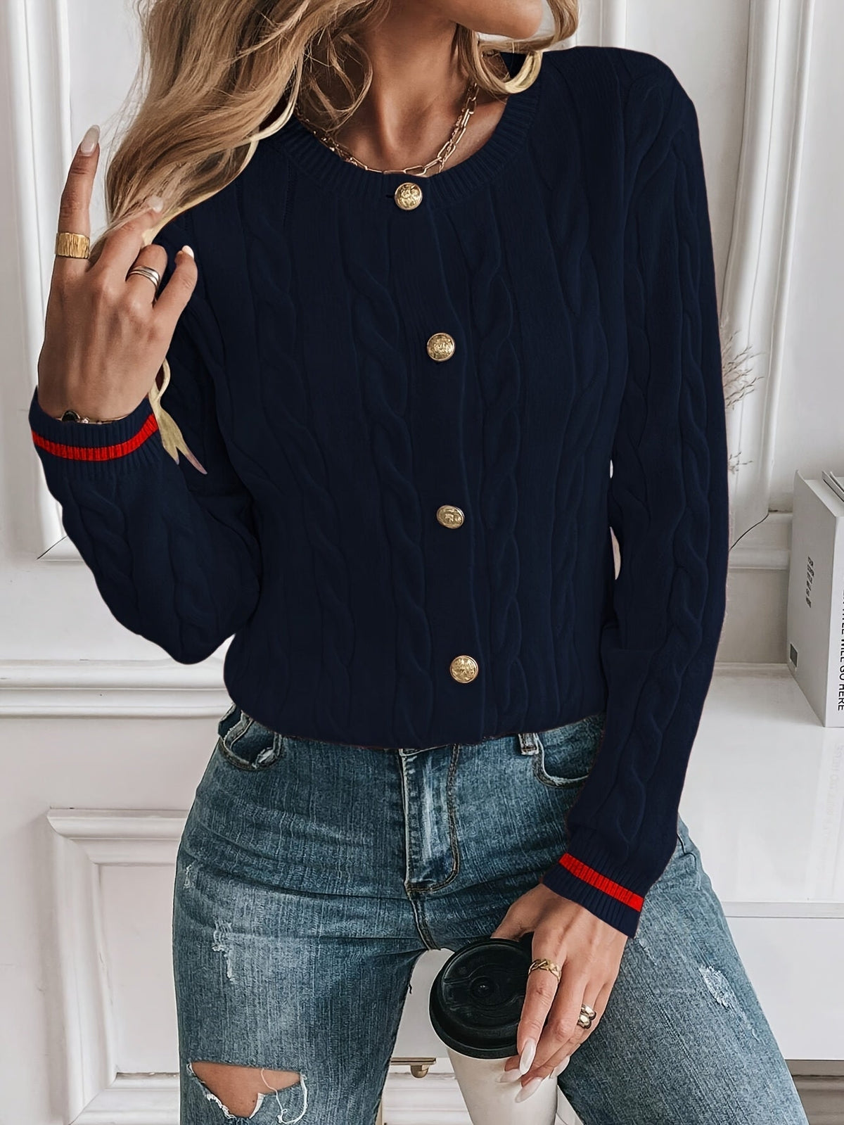 Women's Relaxed Cable Knit Cardigan with Contrast Trim and Crew Neck