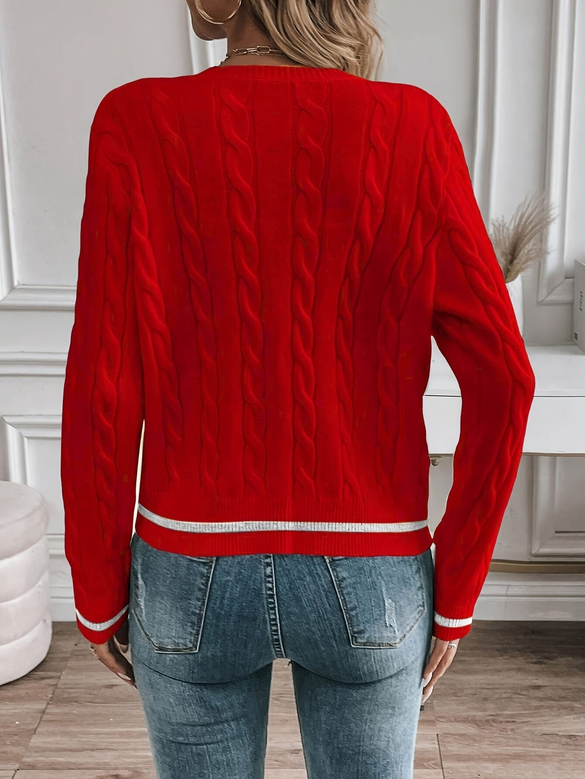 Women's Relaxed Cable Knit Cardigan with Contrast Trim and Crew Neck