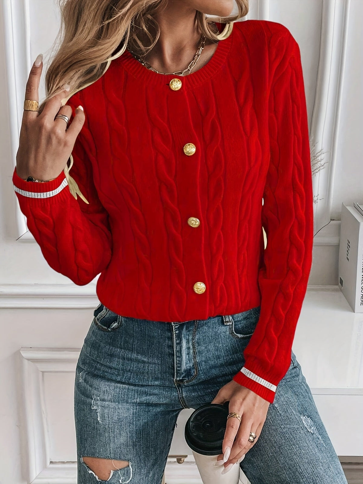 Women's Relaxed Cable Knit Cardigan with Contrast Trim and Crew Neck