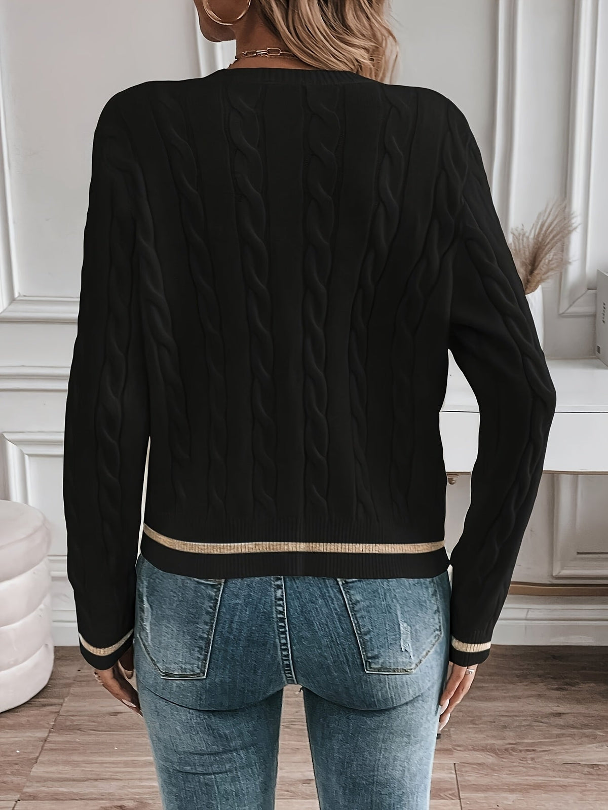 Women's Relaxed Cable Knit Cardigan with Contrast Trim and Crew Neck