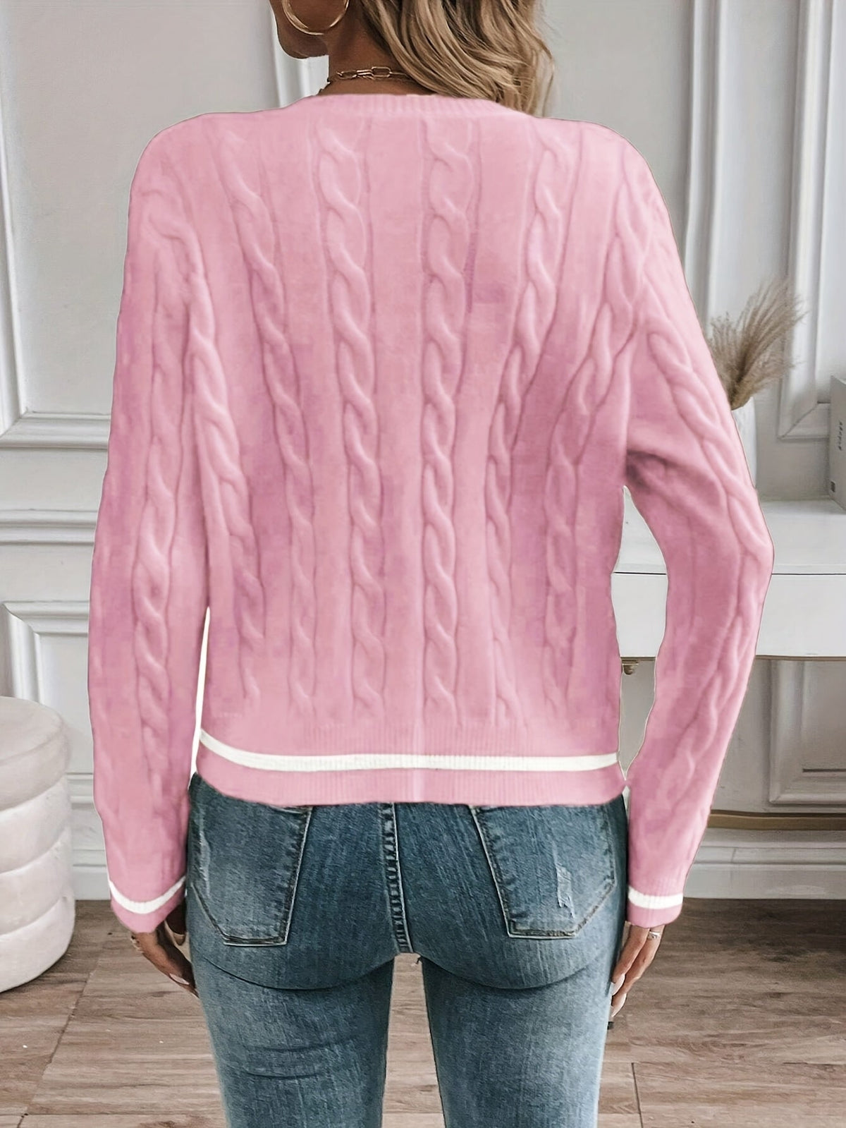 Women's Relaxed Cable Knit Cardigan with Contrast Trim and Crew Neck
