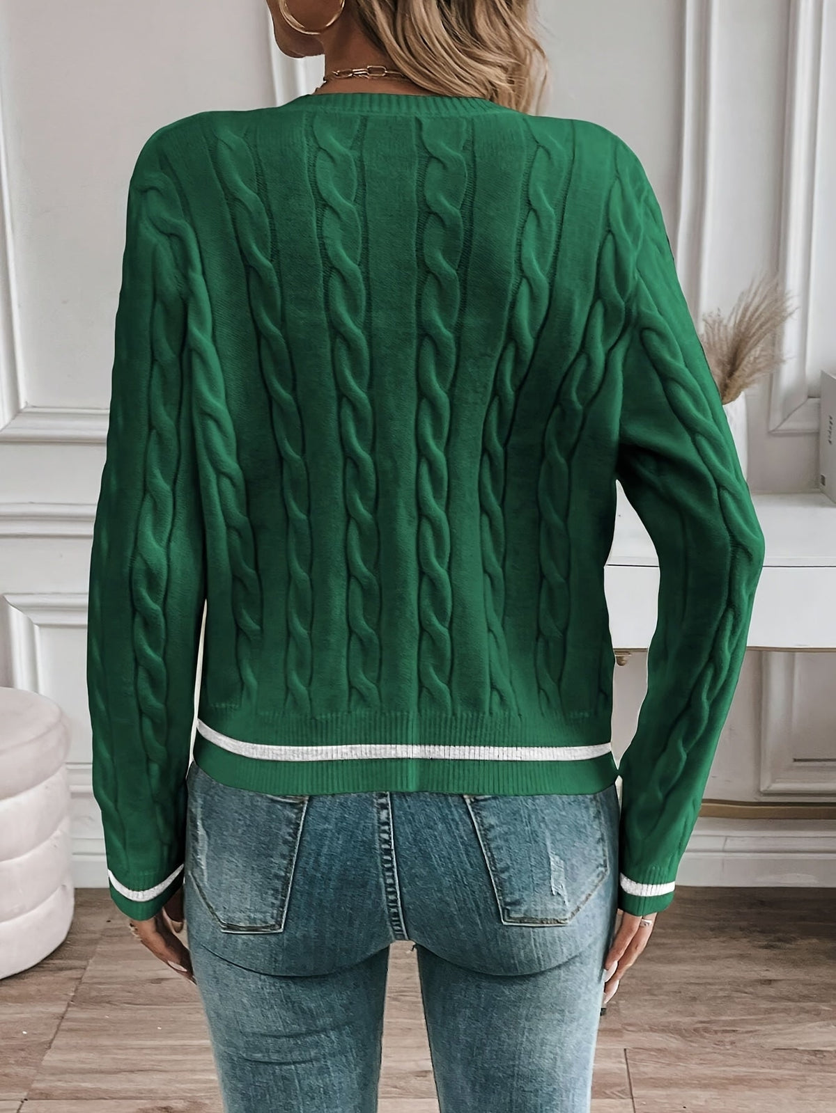 Women's Relaxed Cable Knit Cardigan with Contrast Trim and Crew Neck