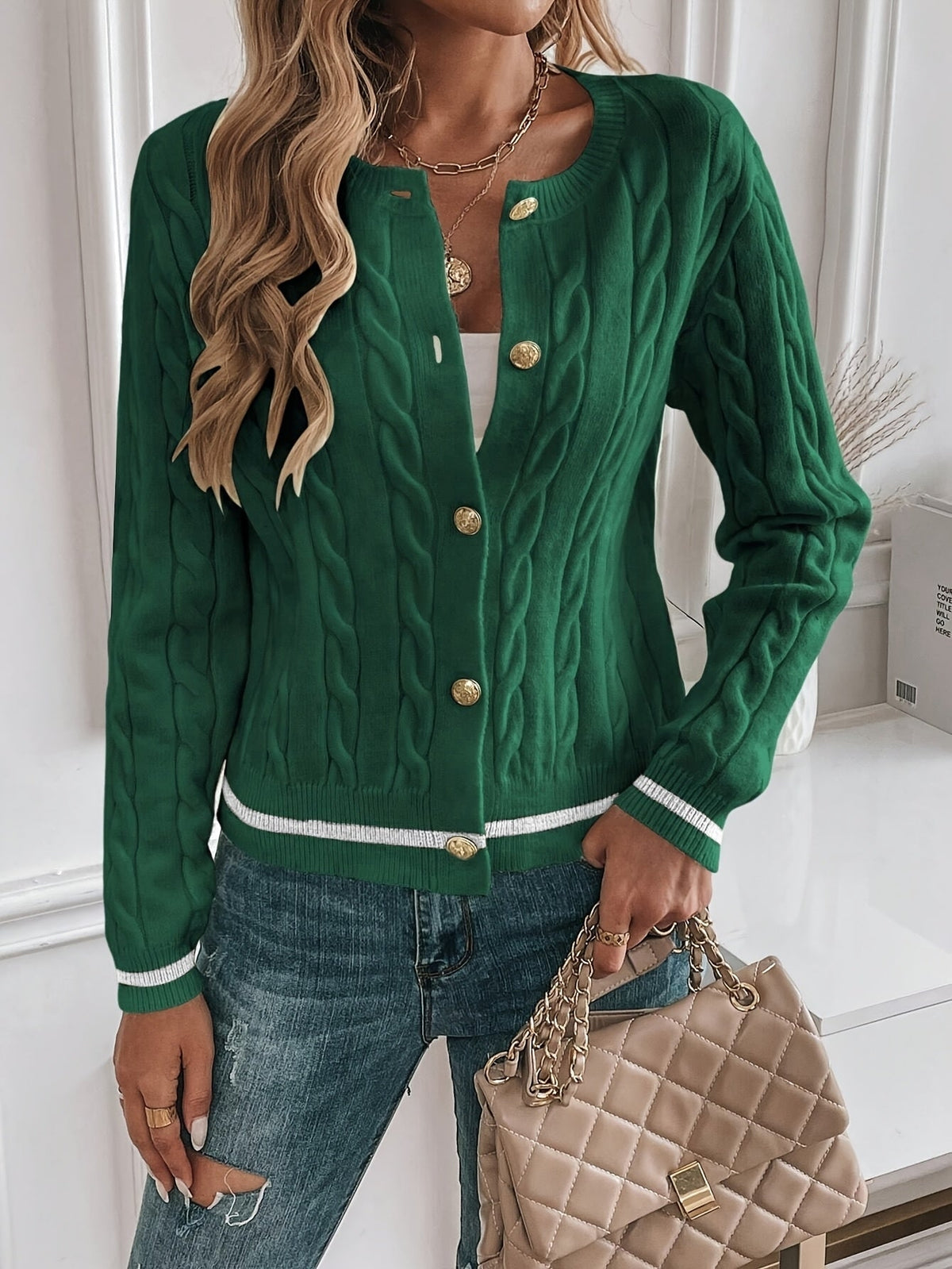 Women's Relaxed Cable Knit Cardigan with Contrast Trim and Crew Neck