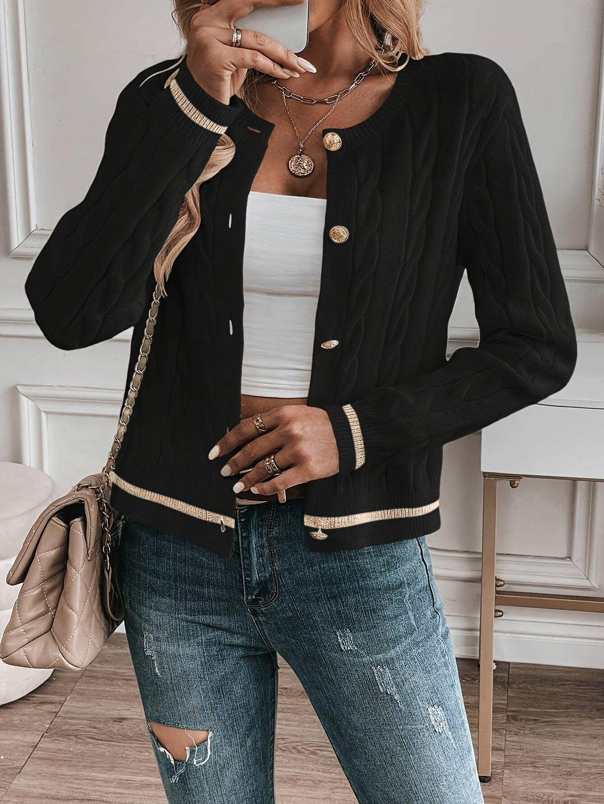 Women's Relaxed Cable Knit Cardigan with Contrast Trim and Crew Neck