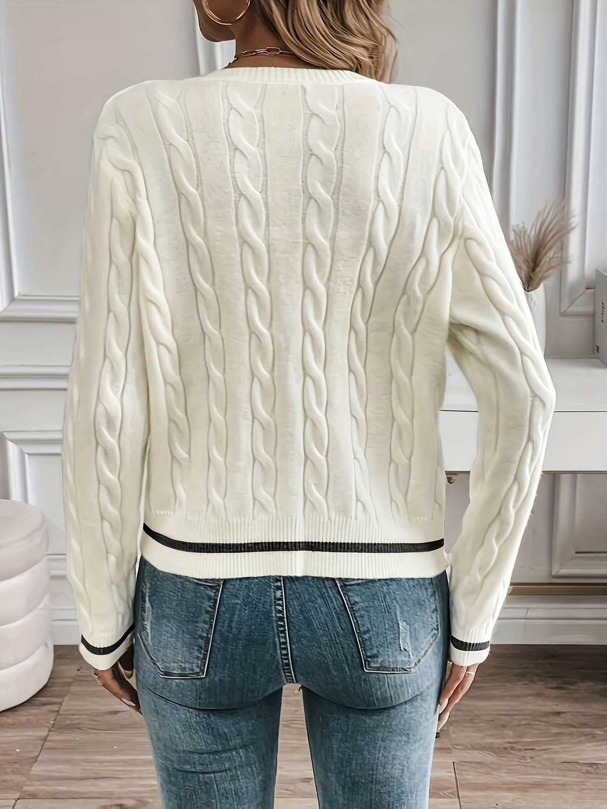 Women's Relaxed Cable Knit Cardigan with Contrast Trim and Crew Neck