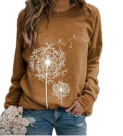 Women's Relaxed Casual Sweatshirt with Dandelion Print and Ribbed Cuffs