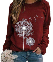 Women's Relaxed Casual Sweatshirt with Dandelion Print and Ribbed Cuffs