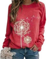 Women's Relaxed Casual Sweatshirt with Dandelion Print and Ribbed Cuffs