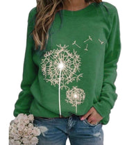 Women's Relaxed Casual Sweatshirt with Dandelion Print and Ribbed Cuffs