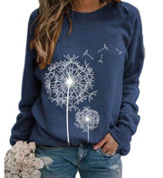 Women's Relaxed Casual Sweatshirt with Dandelion Print and Ribbed Cuffs