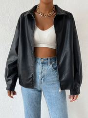 Women's Relaxed Faux Leather Jacket with Drop Shoulder Design