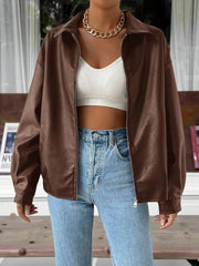 Women's Relaxed Faux Leather Jacket with Drop Shoulder Design