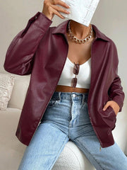 Women's Relaxed Faux Leather Jacket with Drop Shoulder Design