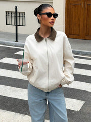 Women's Relaxed Faux Leather Jacket with Drop Shoulder Design