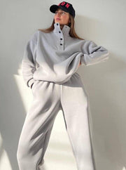 Women's Relaxed Fleece Sweatshirt and Jogger Set with Snap Button Placket
