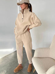 Women's Relaxed Fleece Sweatshirt and Jogger Set with Snap Button Placket
