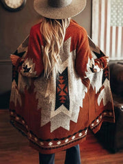 Women's Relaxed Knit Cardigan with Aztec Print and Patch Pockets