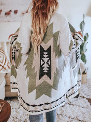 Women's Relaxed Knit Cardigan with Aztec Print and Patch Pockets