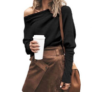 Women's Relaxed Ribbed Off-Shoulder Sweater with Long Batwing Sleeves